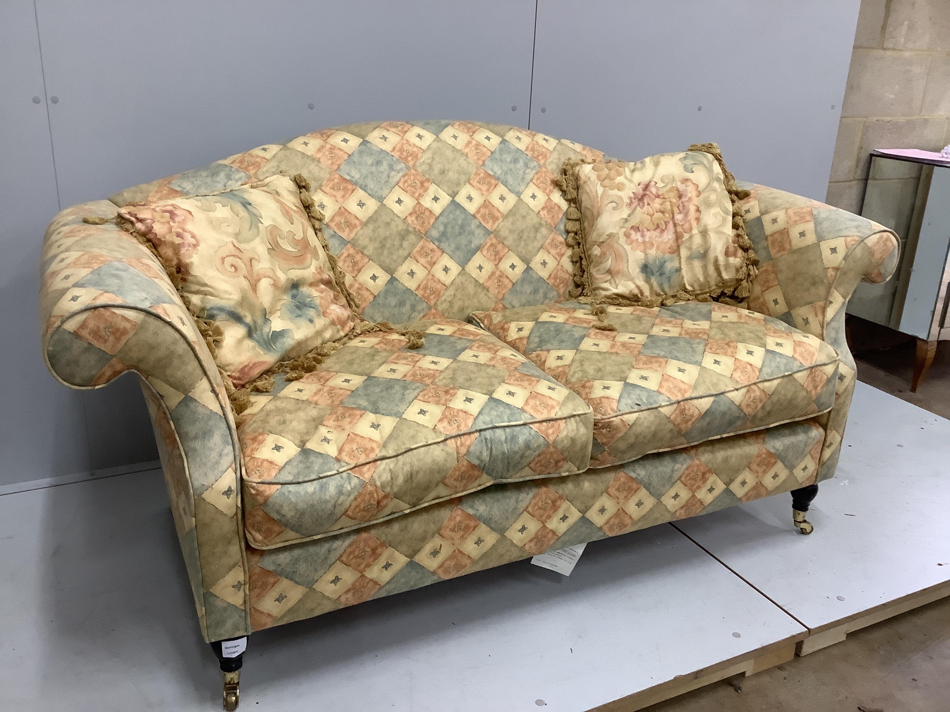 A Victorian style scroll arm two seater settee, width 170cm, depth 74cm, height 87cm